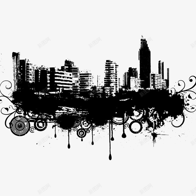 水墨城市图案png免抠素材_新图网 https://ixintu.com 地产 建筑 水墨