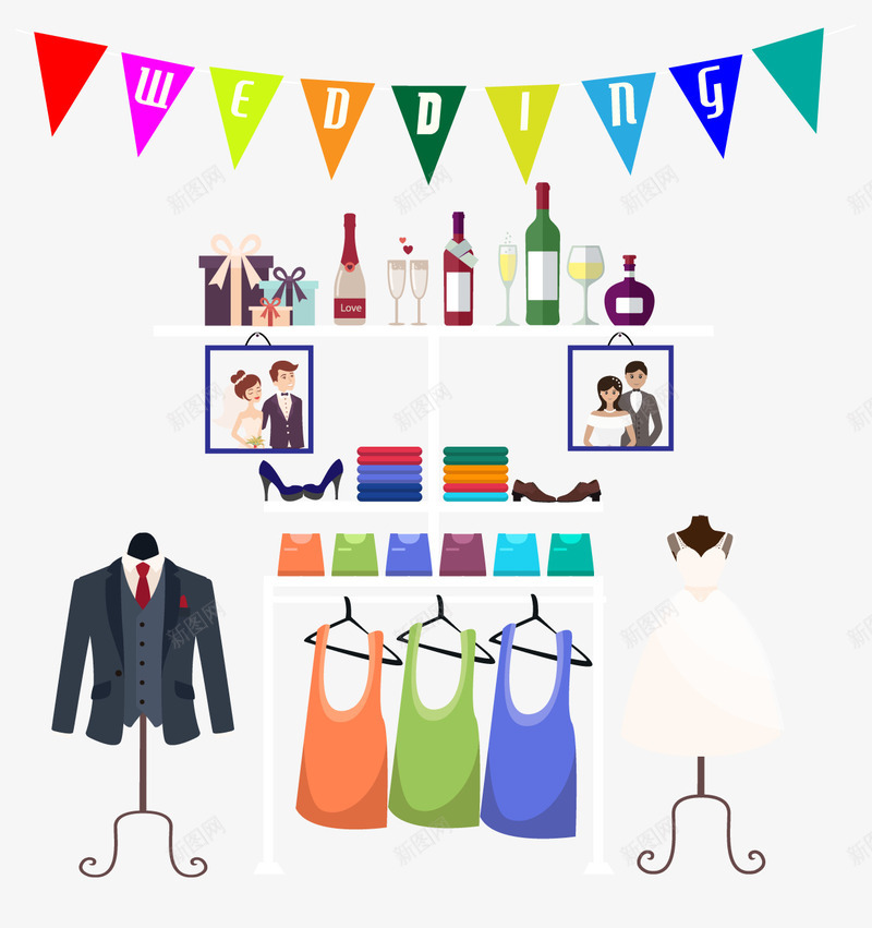 卡通婚礼衣服店矢量图ai免抠素材_新图网 https://ixintu.com 婚纱照 红酒 衣架 西装 矢量图