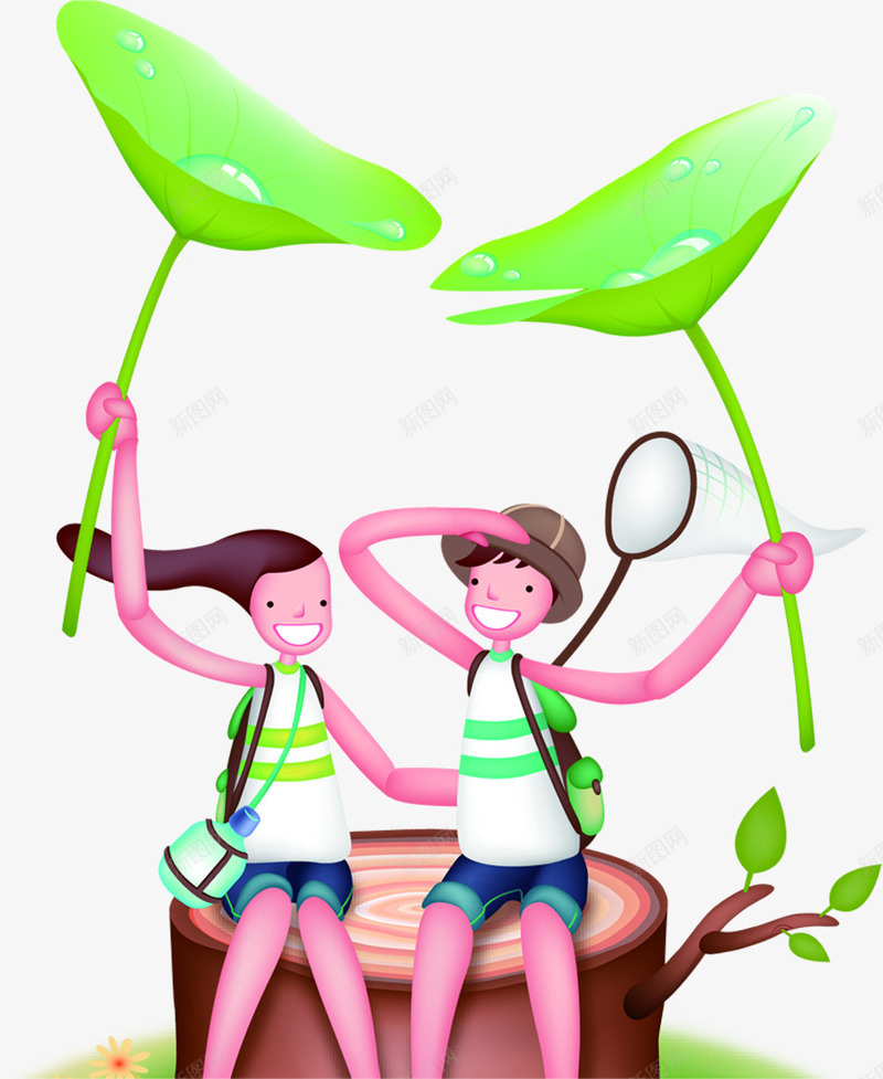 绿色卡通树叶隔夜遮雨踏青人物png免抠素材_新图网 https://ixintu.com 人物 卡通 树叶 绿色 踏青 隔夜
