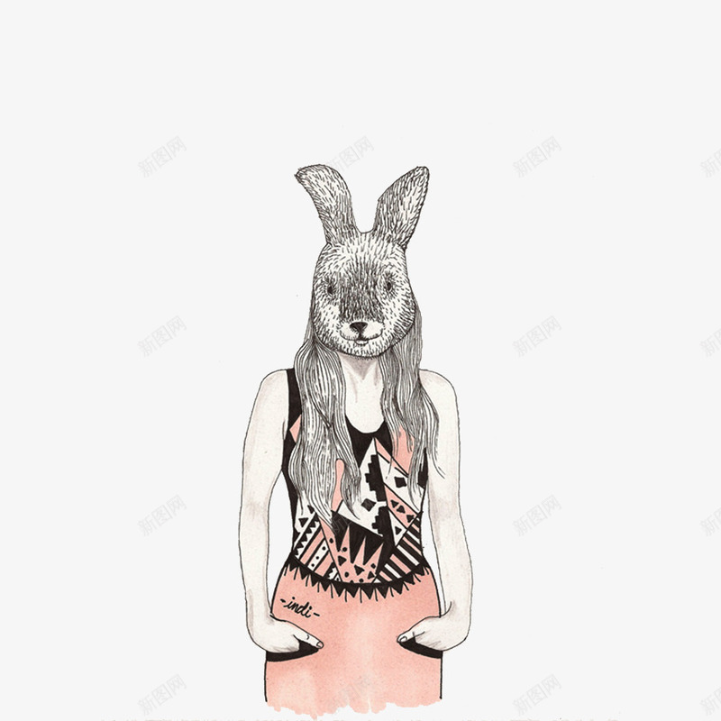 兔女郎装饰画png免抠素材_新图网 https://ixintu.com 兔子装 动物 粉色 线描装饰画 绘画