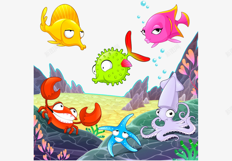 卡通海洋生物png免抠素材_新图网 https://ixintu.com 大螃蟹 矢量素材 粉色小鱼 蓝色海星