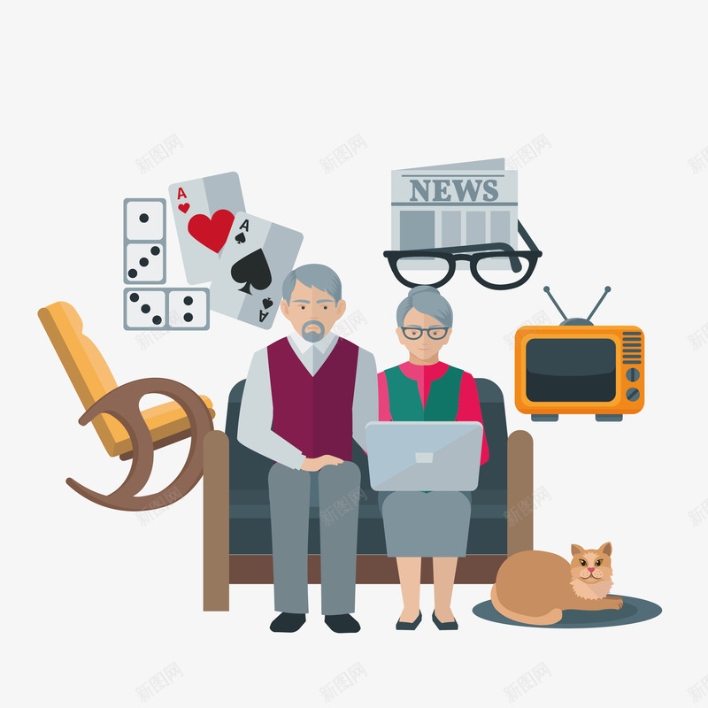 老人玩矢量图eps免抠素材_新图网 https://ixintu.com 扑克 猫 玩 电视机 老人 矢量图