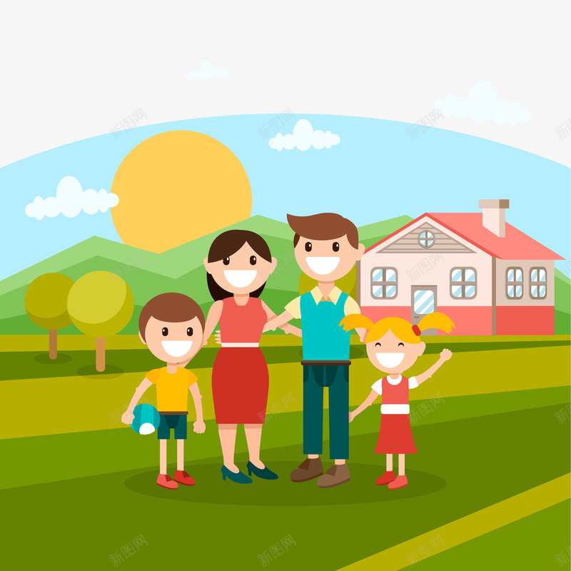 幸福一家人png免抠素材_新图网 https://ixintu.com 一家四口 卡通 卡通草地上的一家四口 房子 草地