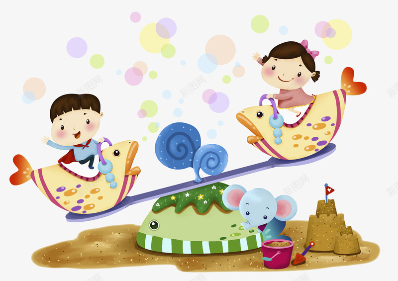 玩跷跷板的儿童插画png免抠素材_新图网 https://ixintu.com 可爱 孩子 操场 旗帜 沙堡铲 沙子 游乐园 玩跷跷板的儿童插画
