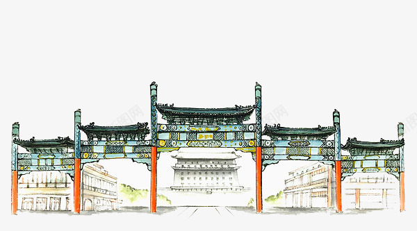 水彩线描建筑png免抠素材_新图网 https://ixintu.com 古代牌楼 建筑 水彩 牌楼 线描