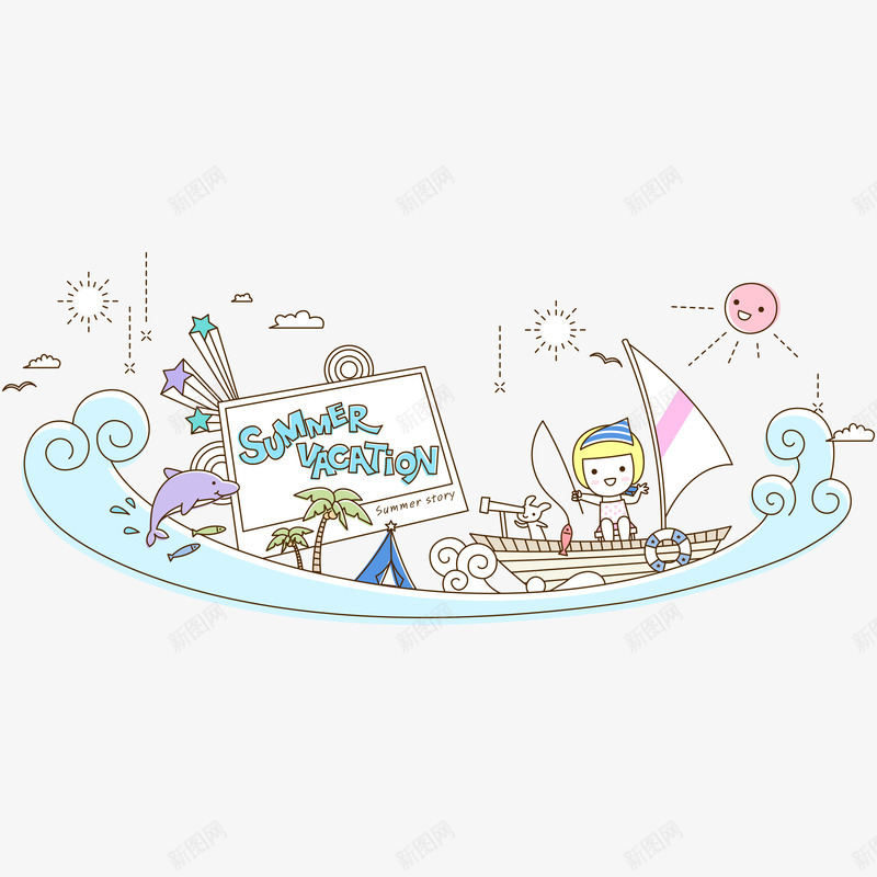 简易插画矢量图ai免抠素材_新图网 https://ixintu.com 海豚 线条 航海 矢量图