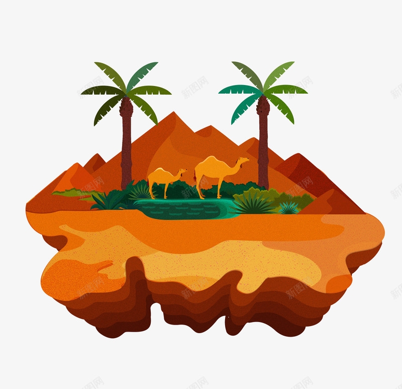 黄色手绘山坡上的椰子树png免抠素材_新图网 https://ixintu.com 动漫动画 卡通手绘 山峰 植物 椰子树 装饰图 骆驼