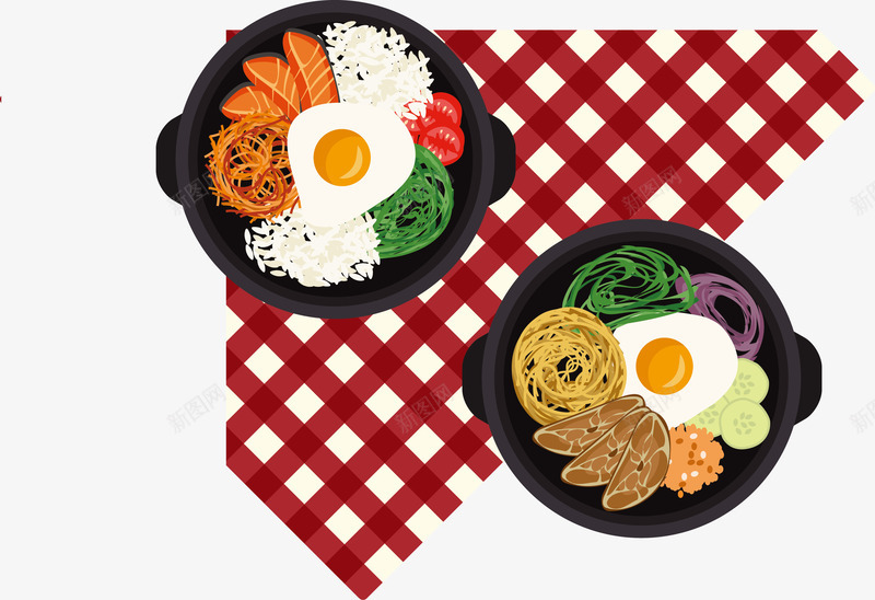 韩式料理矢量图ai免抠素材_新图网 https://ixintu.com 格子布 石锅料理 石锅饭 红色 矢量图