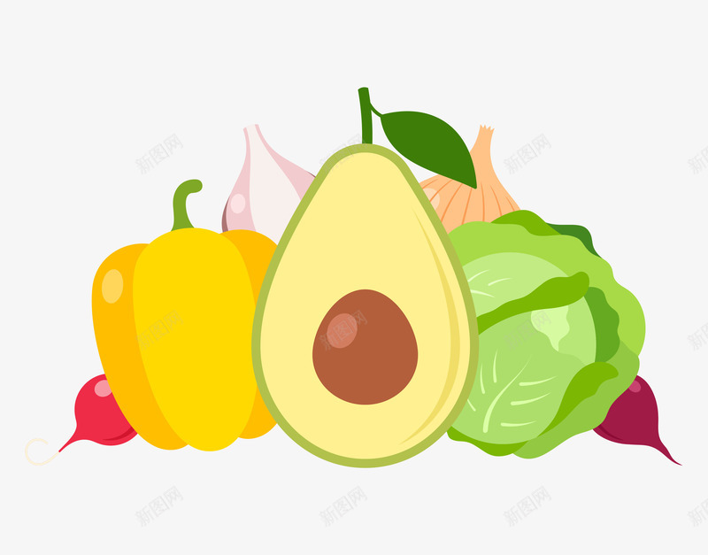 手绘一堆水果蔬菜png免抠素材_新图网 https://ixintu.com 卷心菜 手绘卡通 洋葱 海报设计 牛油果 黄色彩椒