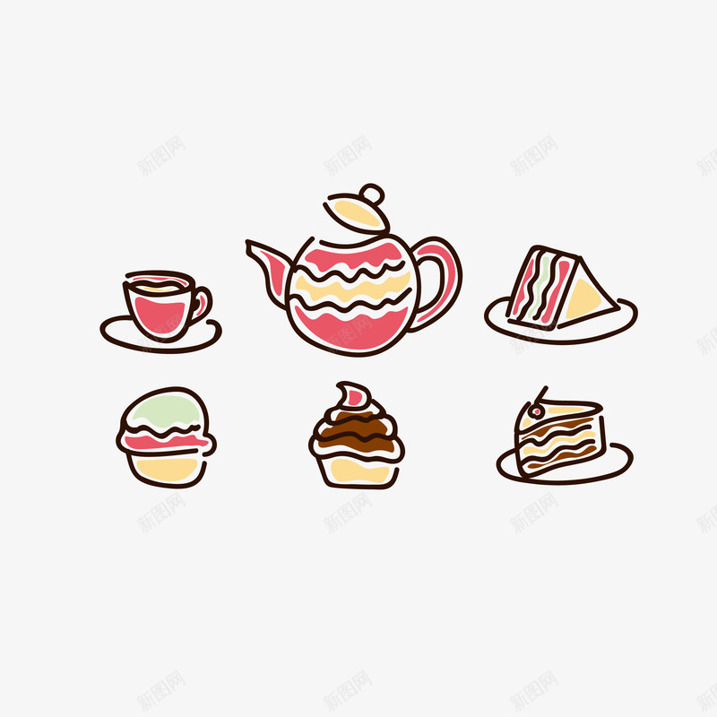 手绘卡通英式红茶糕点矢量图ai免抠素材_新图网 https://ixintu.com 卡通 手绘 甜点 糕点 红茶 英式 英式红茶 茶壶 茶杯 矢量图