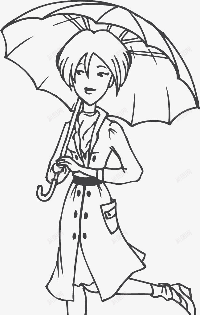 女孩插画矢量图图标ai_新图网 https://ixintu.com 可爱女孩 大伞美女 女孩卡通画 女孩矢量图 打伞 线描女孩 矢量图