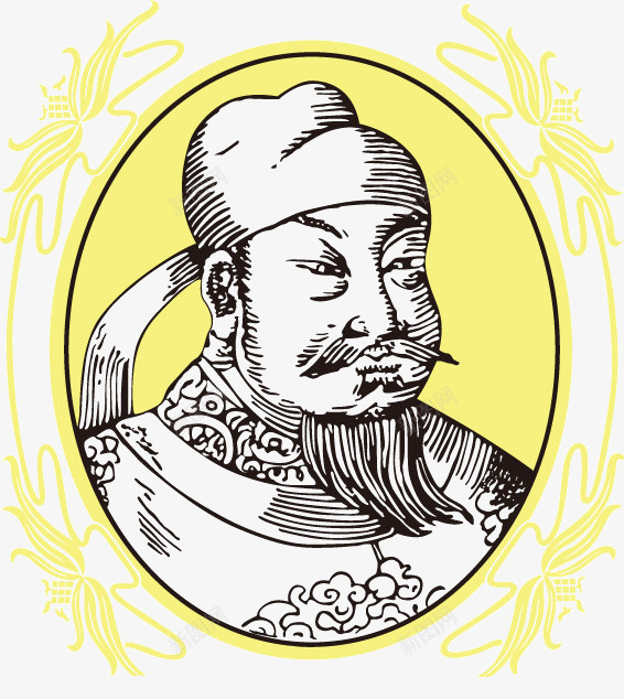 李世民线描肖像png免抠素材_新图网 https://ixintu.com 历史人物 唐太宗 唐朝 唐朝皇帝 李世民 椭圆 线描 花纹 黄色 黄色椭圆形