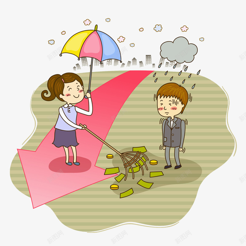 下雨场景png免抠素材_新图网 https://ixintu.com 下雨 下雨场景 乌云 彩色雨伞 手绘 男孩 短发 西装 长发
