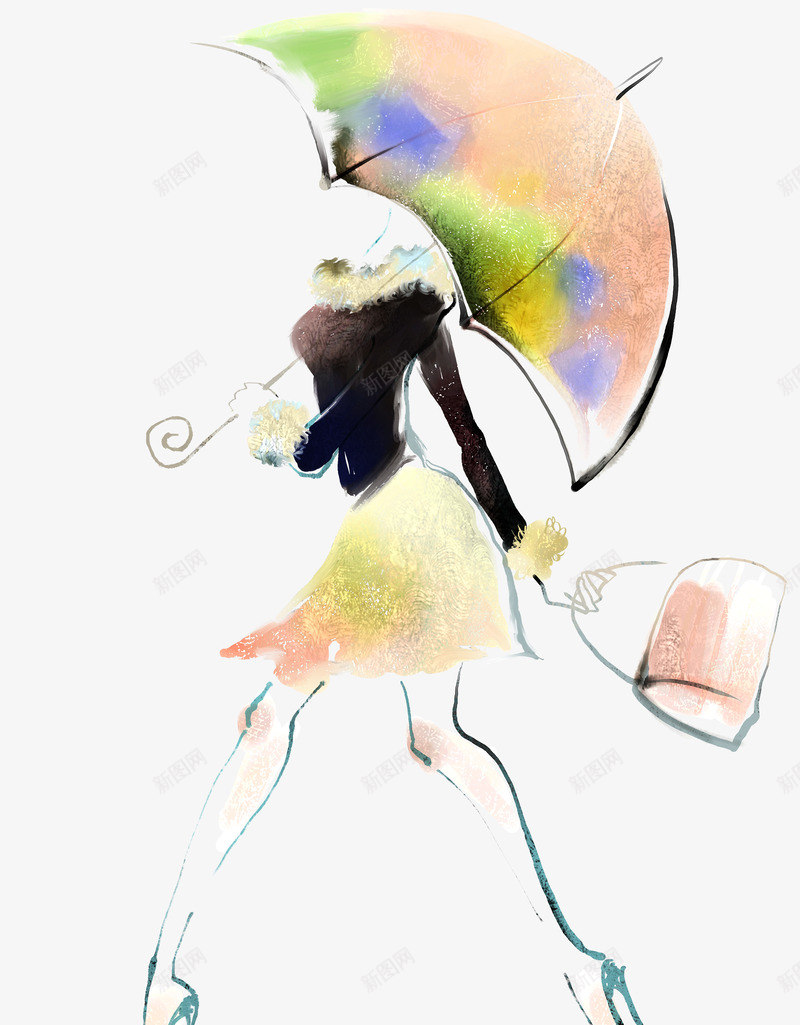 撑伞提包的美女png免抠素材_新图网 https://ixintu.com 包 女人 雨伞