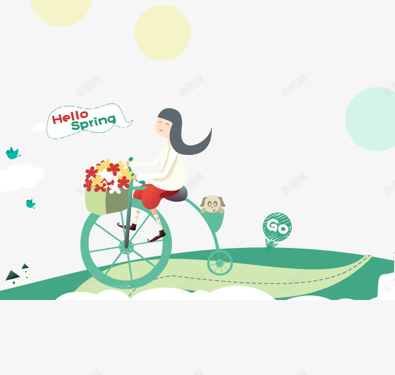 卡通骑行女孩png免抠素材_新图网 https://ixintu.com 出行 春天 游玩 绿色 骑行