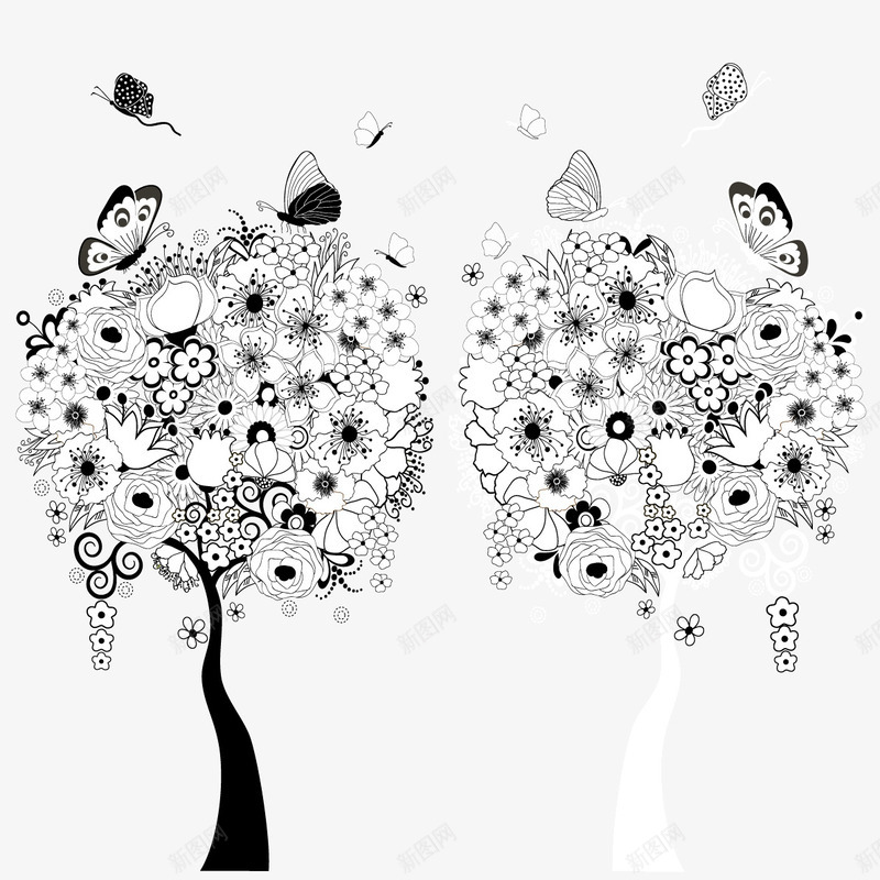 线描手绘花卉装饰矢量图ai免抠素材_新图网 https://ixintu.com 手绘 线描 花卉 装饰矢量图 黑白色调 矢量图