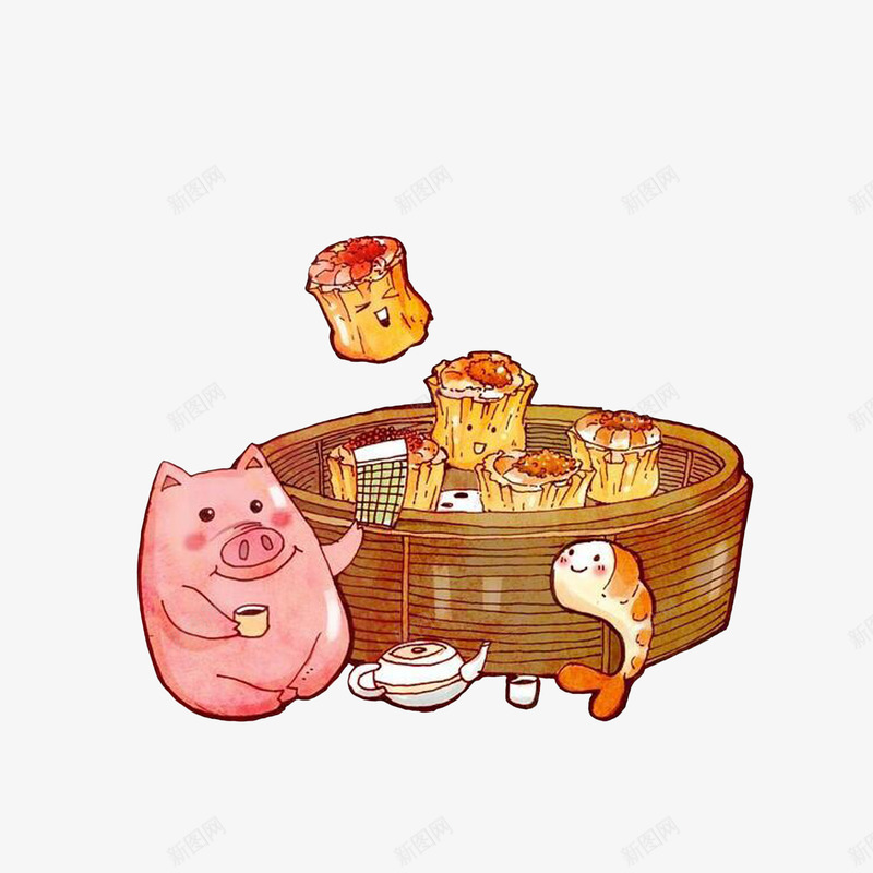 卡通喝茶的小猪欢腾的烧卖立起的psd免抠素材_新图网 https://ixintu.com 卡通喝茶的小猪欢腾的烧卖立起的虾仁素材免费下载 喝茶的小猪 早茶点心 欢腾的烧卖 虾仁卡通 虾仁烧卖