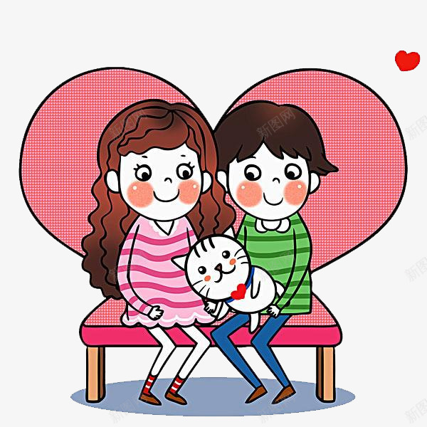 情侣和猫咪png免抠素材_新图网 https://ixintu.com 卡通 可爱 情侣 爱心 猫咪 粉色 绿色 长椅