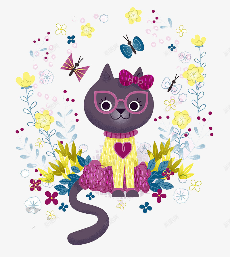 创意手绘眼镜猫咪psd免抠素材_新图网 https://ixintu.com 创意设计 卡通设计 可爱动物设计