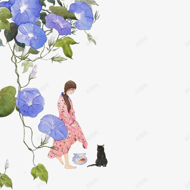 卡通喇叭花psd免抠素材_新图网 https://ixintu.com 卡通 卡通美女 唯美 唯美鲜花 喇叭花 猫咪 绿色叶子 美女 蓝色鲜花