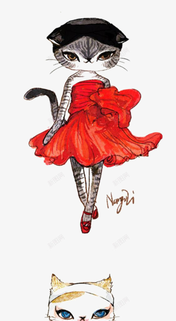 猫咪png免抠素材_新图网 https://ixintu.com 动物 卡通 宠物猫 手绘 礼服 红色裙子