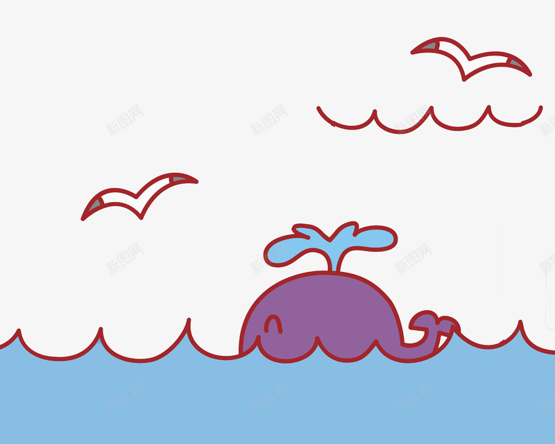大海里的鲨鱼上的场景图png免抠素材_新图网 https://ixintu.com 卡通 喷水 场景 大海 手绘 海鸥 简笔 高兴地 鲨鱼