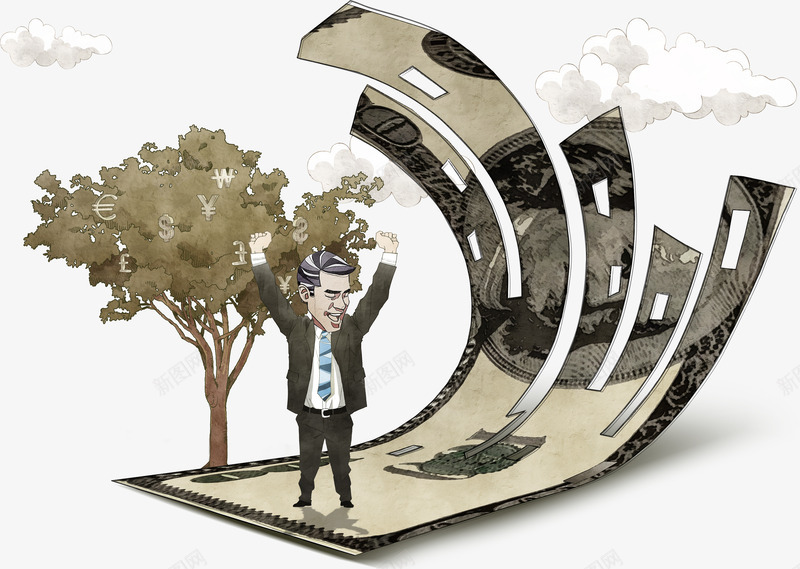 创意纸币上的人物png免抠素材_新图网 https://ixintu.com 人物 创意纸币 小树 撕裂纸币 纸币