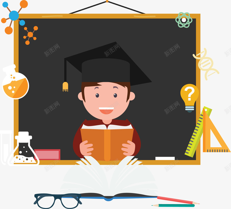 黑板前的小人png免抠素材_新图网 https://ixintu.com 卡通男孩 教学用品 黑板