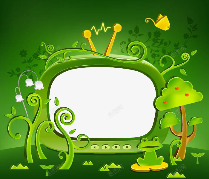 卡通电视边框片png免抠素材_新图网 https://ixintu.com 卡通电视机 小清新 植物 电器 绿色