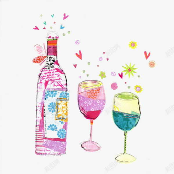 手绘彩色酒水png免抠素材_新图网 https://ixintu.com 卡哇伊 彩色 酒瓶 高脚杯