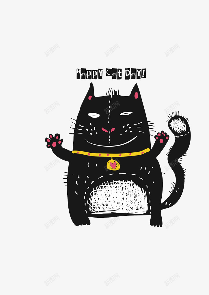 手绘猫咪png免抠素材_新图网 https://ixintu.com 动物 卡通 可爱 宠物 手绘 挥手 猫咪 黑色
