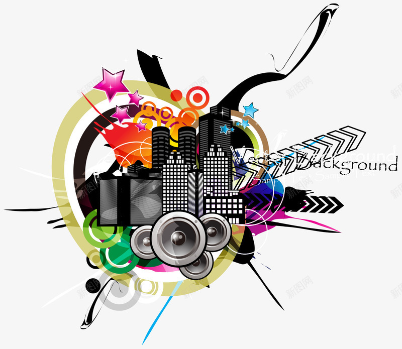 音乐城市装饰png免抠素材_新图网 https://ixintu.com 喇叭 城市 建筑 线条