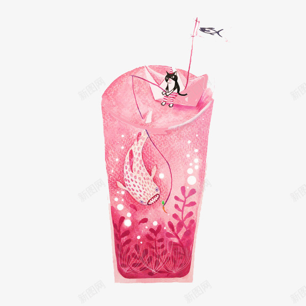 卡通粉色杯子png免抠素材_新图网 https://ixintu.com 大海 杯子 水草 钓鱼