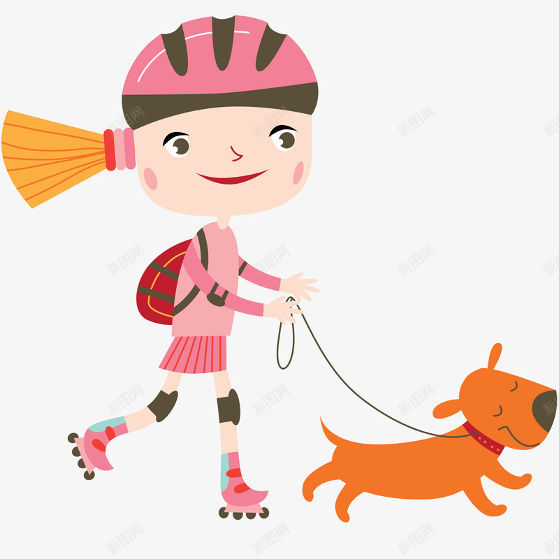 遛狗的女孩png免抠素材_新图网 https://ixintu.com 上学 卡通 可爱 女孩 手绘 橘色 水彩 遛狗