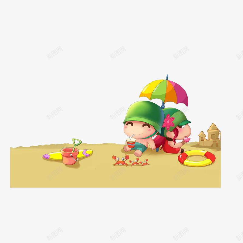 海边享受阳光美食png免抠素材_新图网 https://ixintu.com 享受表情 卡通螃蟹 沙子城堡 海边享受阳光美食