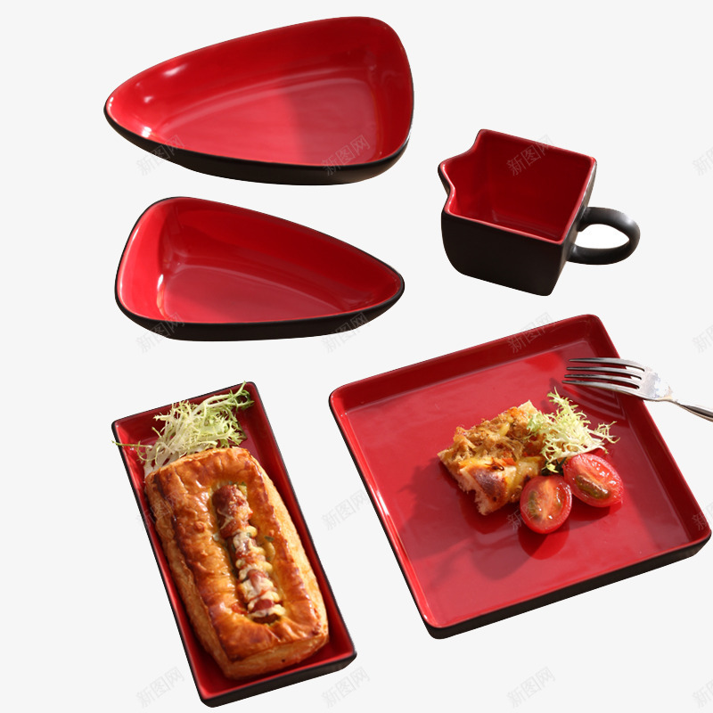 一套红色餐具盘子png免抠素材_新图网 https://ixintu.com 各种方盘子 快餐盘子 方盘子 红色餐具 红色餐盘