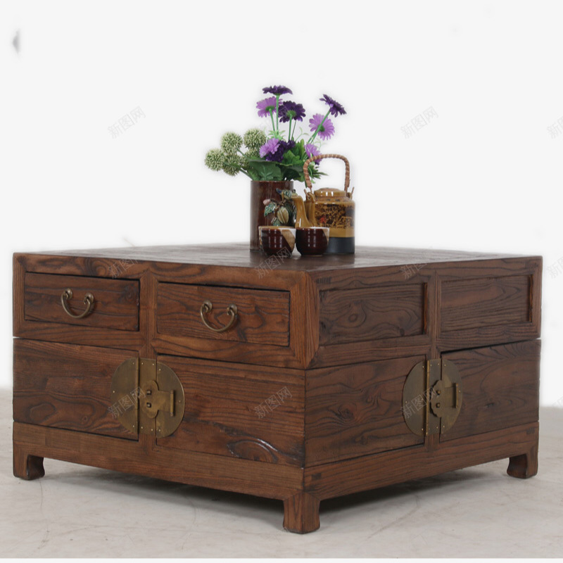 柜子茶几png免抠素材_新图网 https://ixintu.com 复古家具 实木家具 柜子 茶几 茶水和鲜花