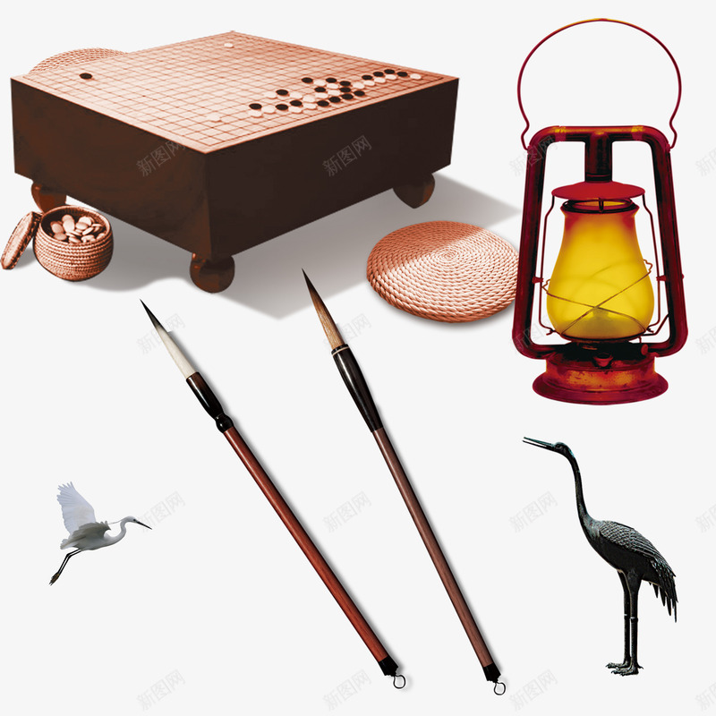 棋盘毛笔油灯png免抠素材_新图网 https://ixintu.com 五子棋 五子棋棋盘 仙鹤 传统文化 手提 毛笔 油灯