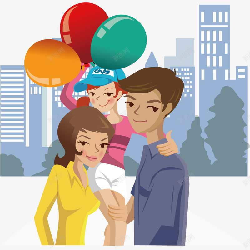 户外游玩的三人png免抠素材_新图网 https://ixintu.com 一家子 三口之家 建筑 建筑背景 户外 气球 游玩