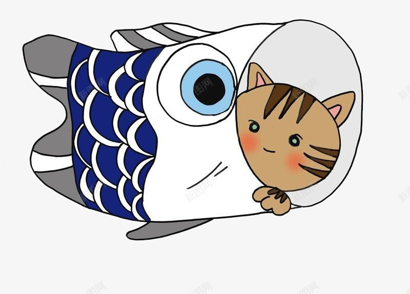卡通鲤鱼旗png免抠素材_新图网 https://ixintu.com 宠物 日本传统图案鲤鱼 猫咪 躲猫猫 鲤鱼旗