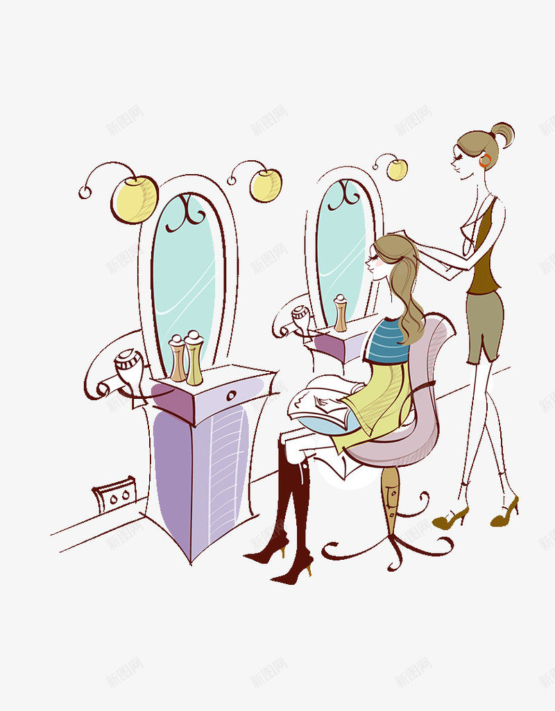 理发的女孩png免抠素材_新图网 https://ixintu.com 做头发 插画 线描