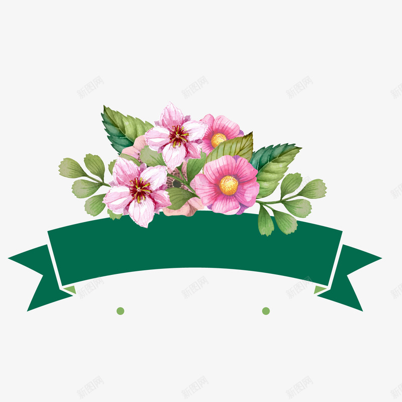 卡通红色花朵绿色条幅png免抠素材_新图网 https://ixintu.com 卡通植物 文案背景 红色花朵 绿色条幅 背景装饰
