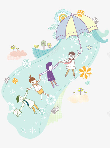 卡通河边游玩插画png免抠素材_新图网 https://ixintu.com 伞 孩子 手牵手 河流 海边