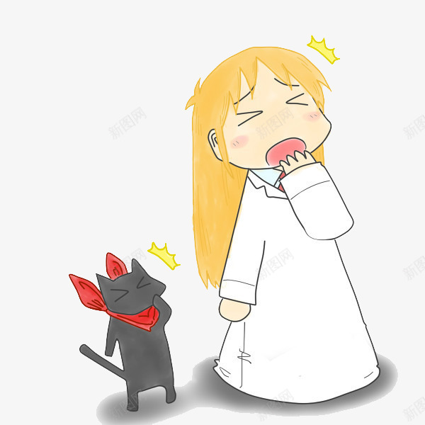 女孩和猫咪png免抠素材_新图网 https://ixintu.com 女孩 打哈欠的女孩 猫咪素材 黄色长发女孩 黑色猫咪