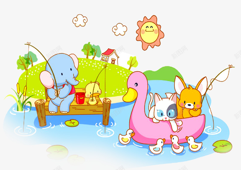 盛夏的活动psd免抠素材_新图网 https://ixintu.com 大象 猫咪 钓鱼 鸭子