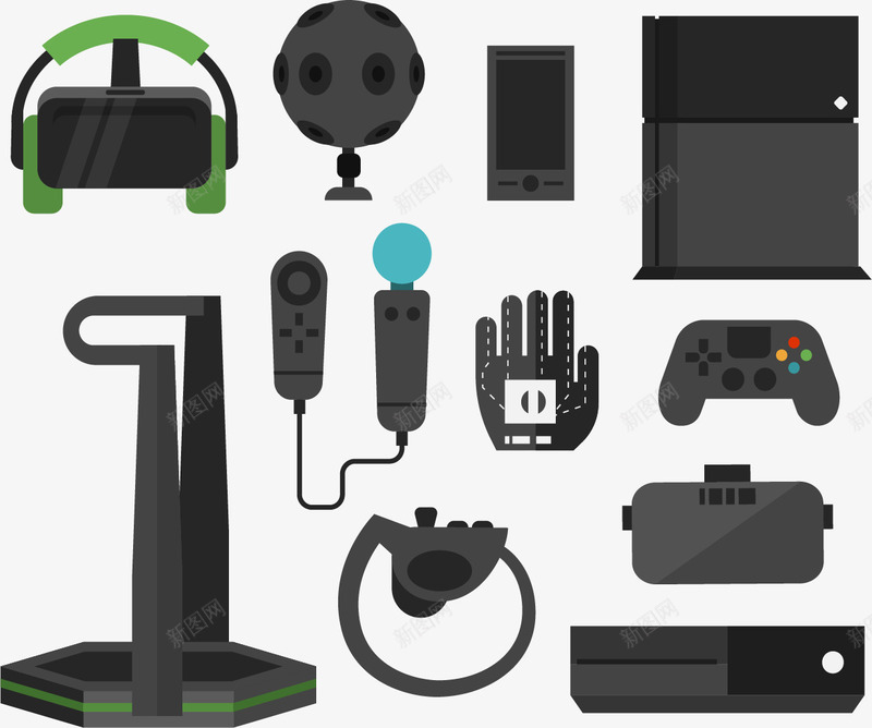 深灰色体验游戏套装png免抠素材_新图网 https://ixintu.com VR世界 VR眼镜 体感游戏机 头戴眼镜 彩色游戏机 虚拟现实