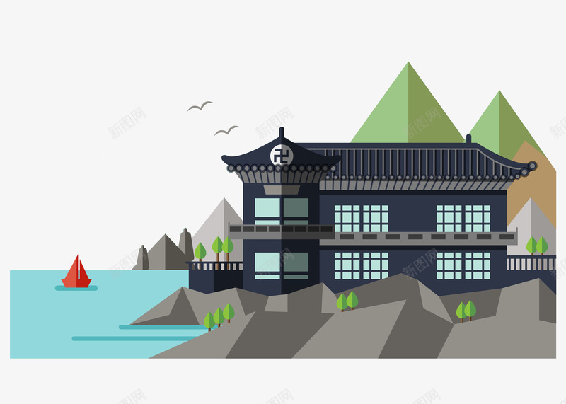 海边古楼建筑图png免抠素材_新图网 https://ixintu.com 创意 卡通 古楼 商务 建筑 手绘 蓝色大海 黑色