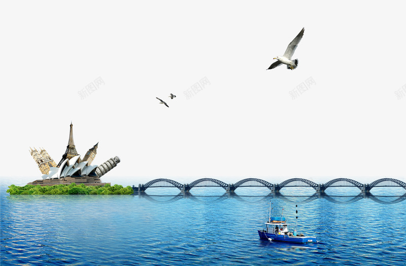 大海桥梁png免抠素材_新图网 https://ixintu.com 大海 建筑 桥梁 海鸥 船只