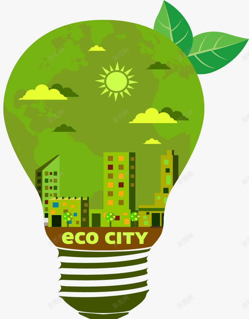 生态城市灯泡png免抠素材_新图网 https://ixintu.com 创意结构 扁平 灯泡 生态城市 绿色