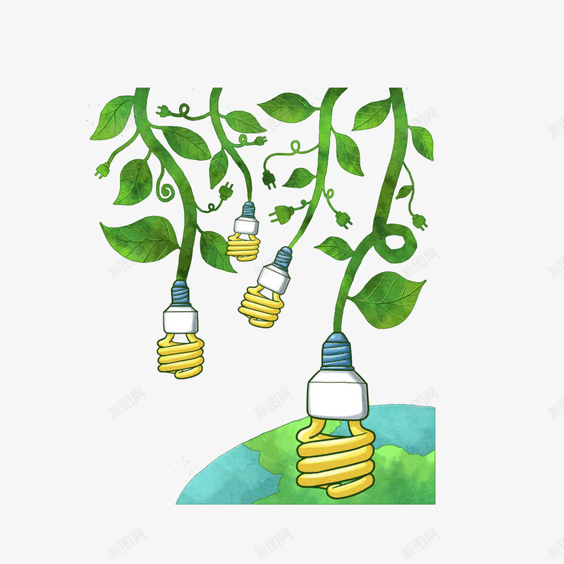 卡通挂在蔓藤上的灯泡psd免抠素材_新图网 https://ixintu.com 卡通手绘 卡通蔓藤 地球 灯泡 节能环保图